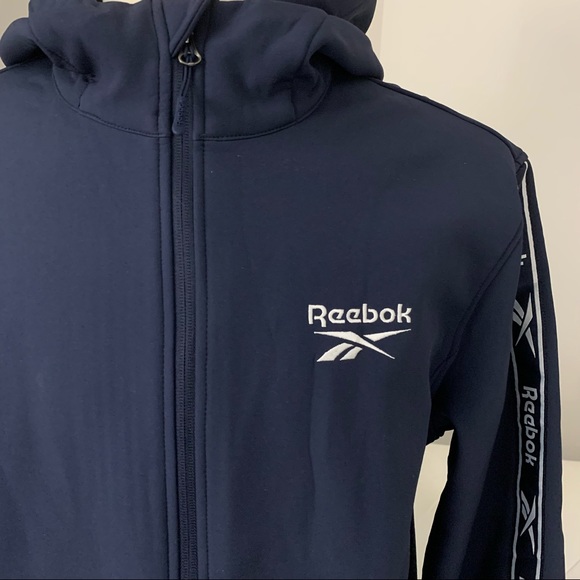 NWT Men’s $130 Reebok Softshell Hooded Jacket Navy Blue White Large - Picture 5 of 15